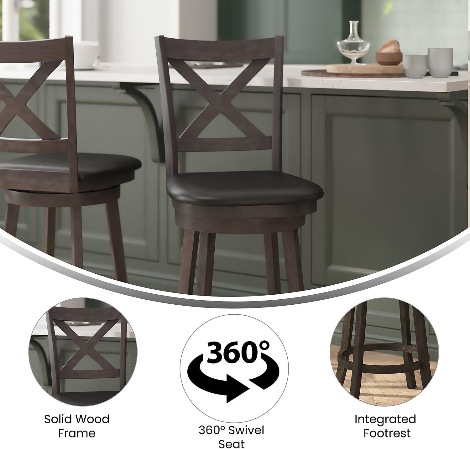 image:imageFlash Furniture Felicity Commercial Classic Crossback Barstool Antique Oak Wood Frame Black LeatherSoft Seat Counter Height 360 Swivel Seat FootrestBlack VinylGray Wash Walnut Frame