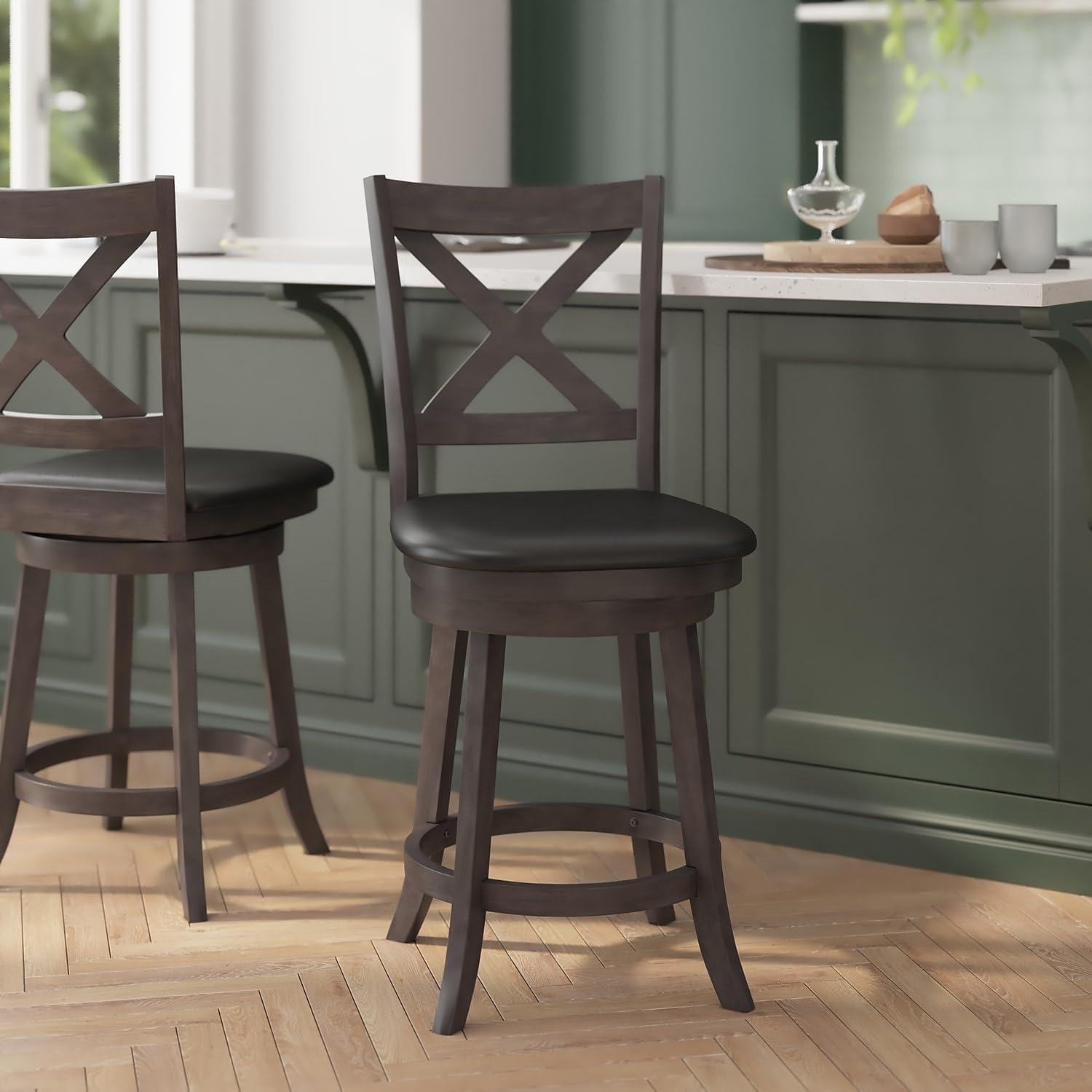 image:imageFlash Furniture Felicity Commercial Classic Crossback Barstool Antique Oak Wood Frame Black LeatherSoft Seat Counter Height 360 Swivel Seat FootrestBlack VinylGray Wash Walnut Frame