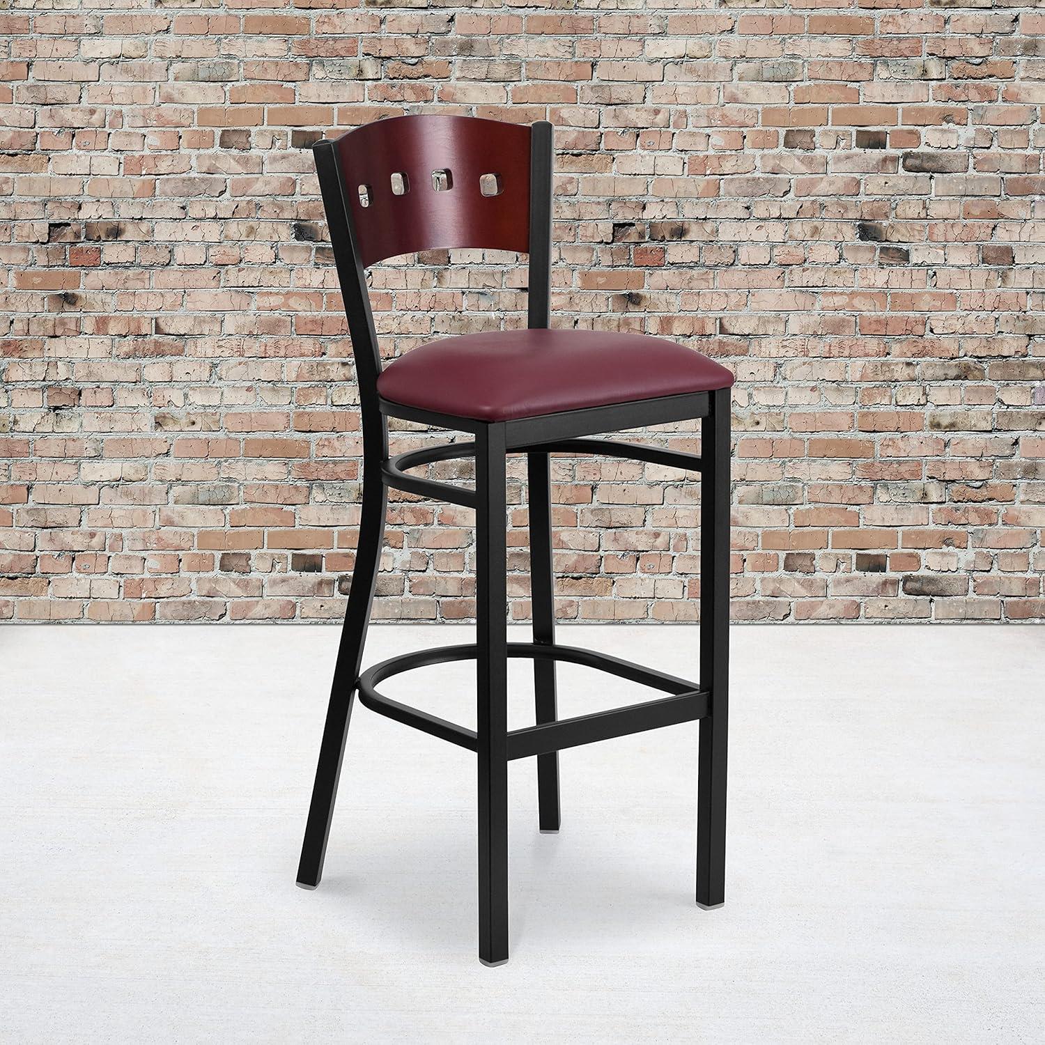 image:imageFlash Furniture HERCULES Series Black 4 Square Back Metal Restaurant Barstool Mahogany Wood Back amp Seat Pack of 1Mahogany Wood BackBurgundy Vinyl SeatBlack Metal Frame