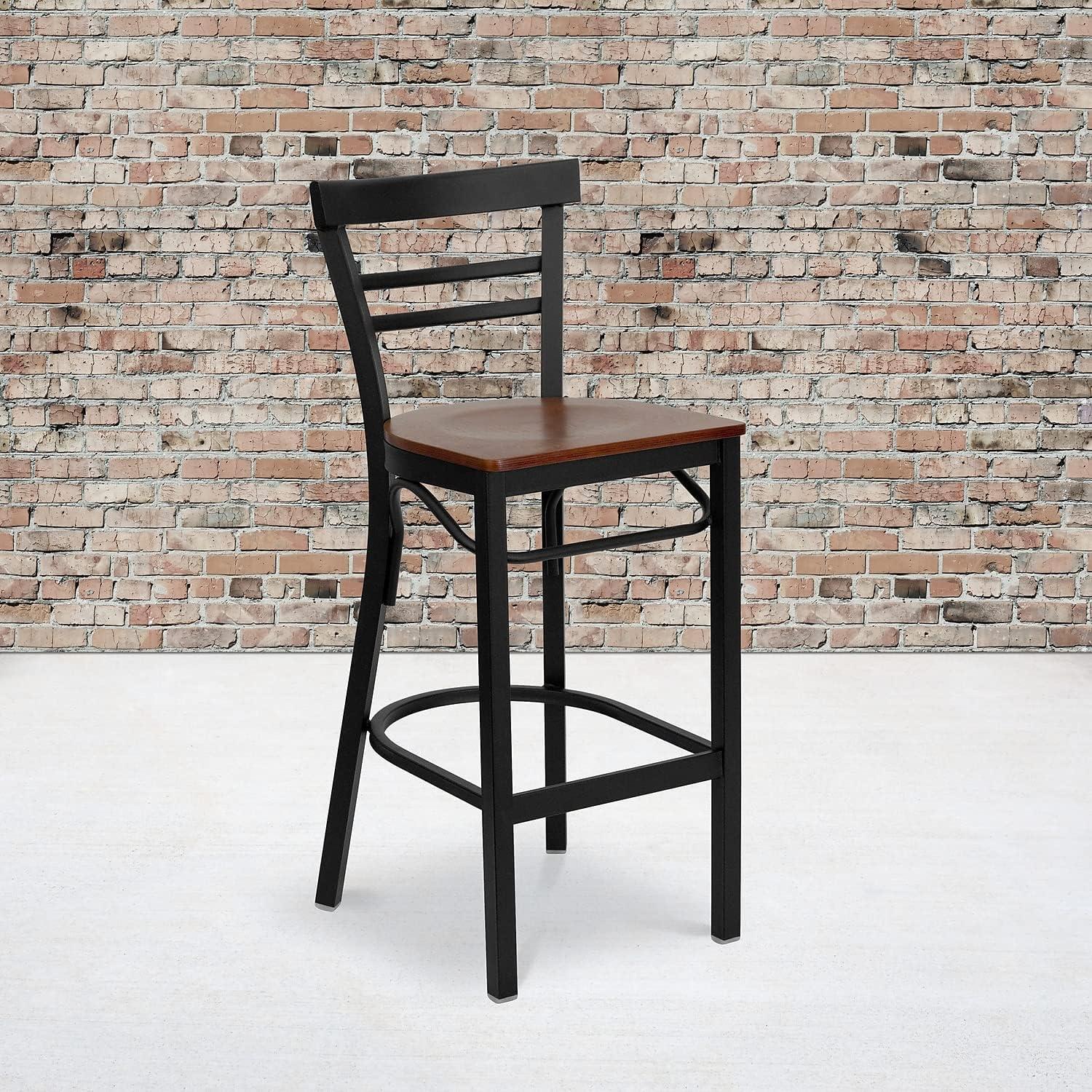 image:imageFlash Furniture HERCULES Series Black TwoSlat Ladder Back Metal Restaurant Barstool Black Vinyl SeatCherry Wood SeatBlack Metal Frame