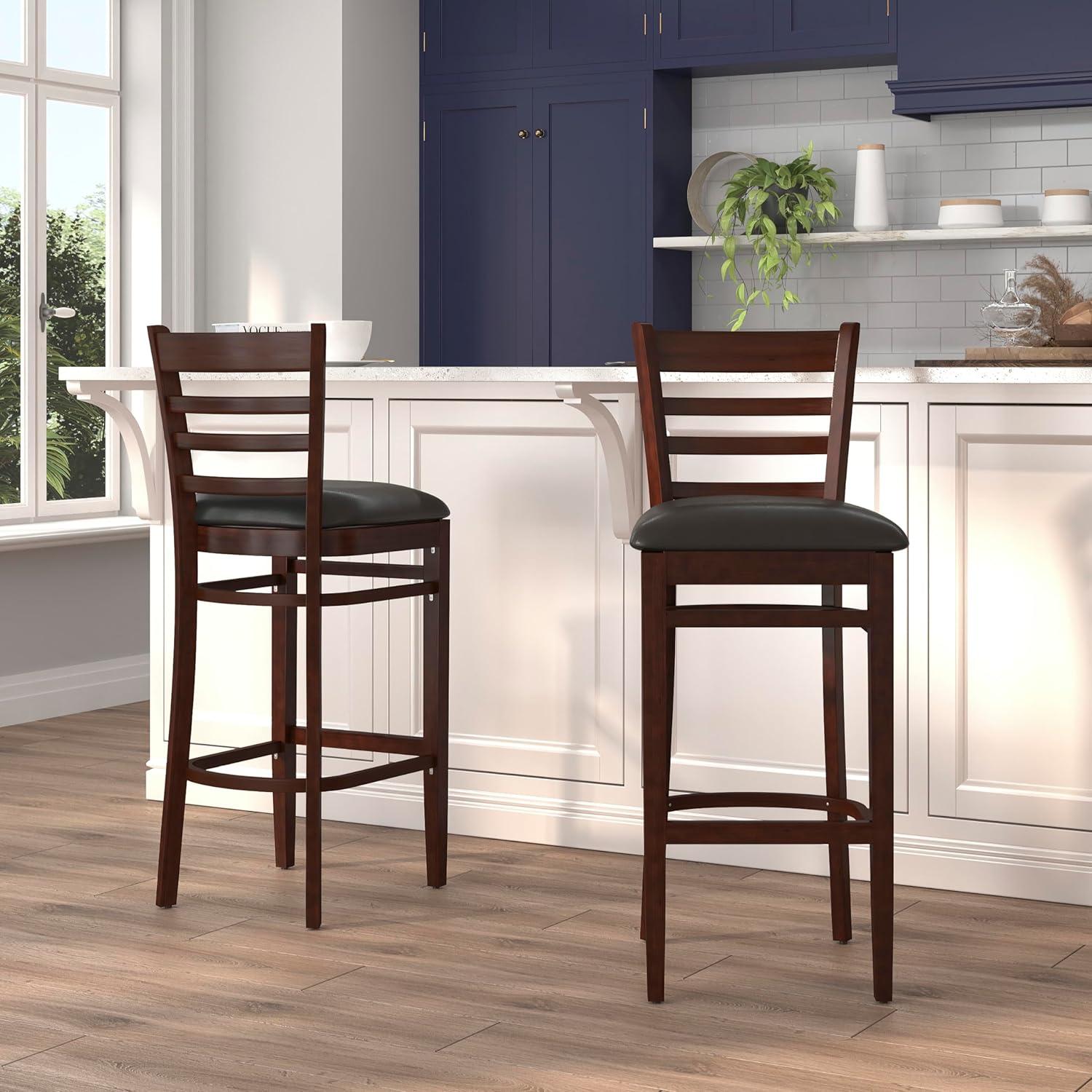 image:imageFlash Furniture HERCULES Series Ladder Back Walnut Wood Restaurant Barstool Black Vinyl SeatBlack Vinyl SeatMahogany Wood Frame