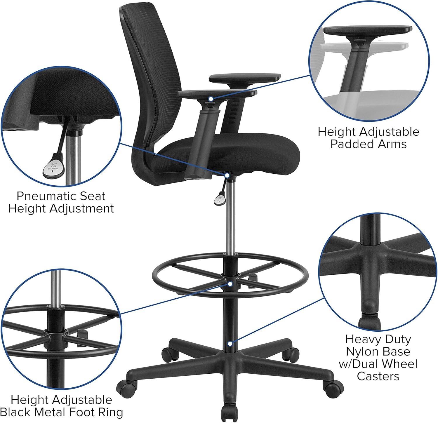 image:imageFlash Furniture Harper Ergonomic MidBack Mesh Drafting Chair with Black Fabric Seat Adjustable Foot Ring and Adjustable ArmsWith Arms