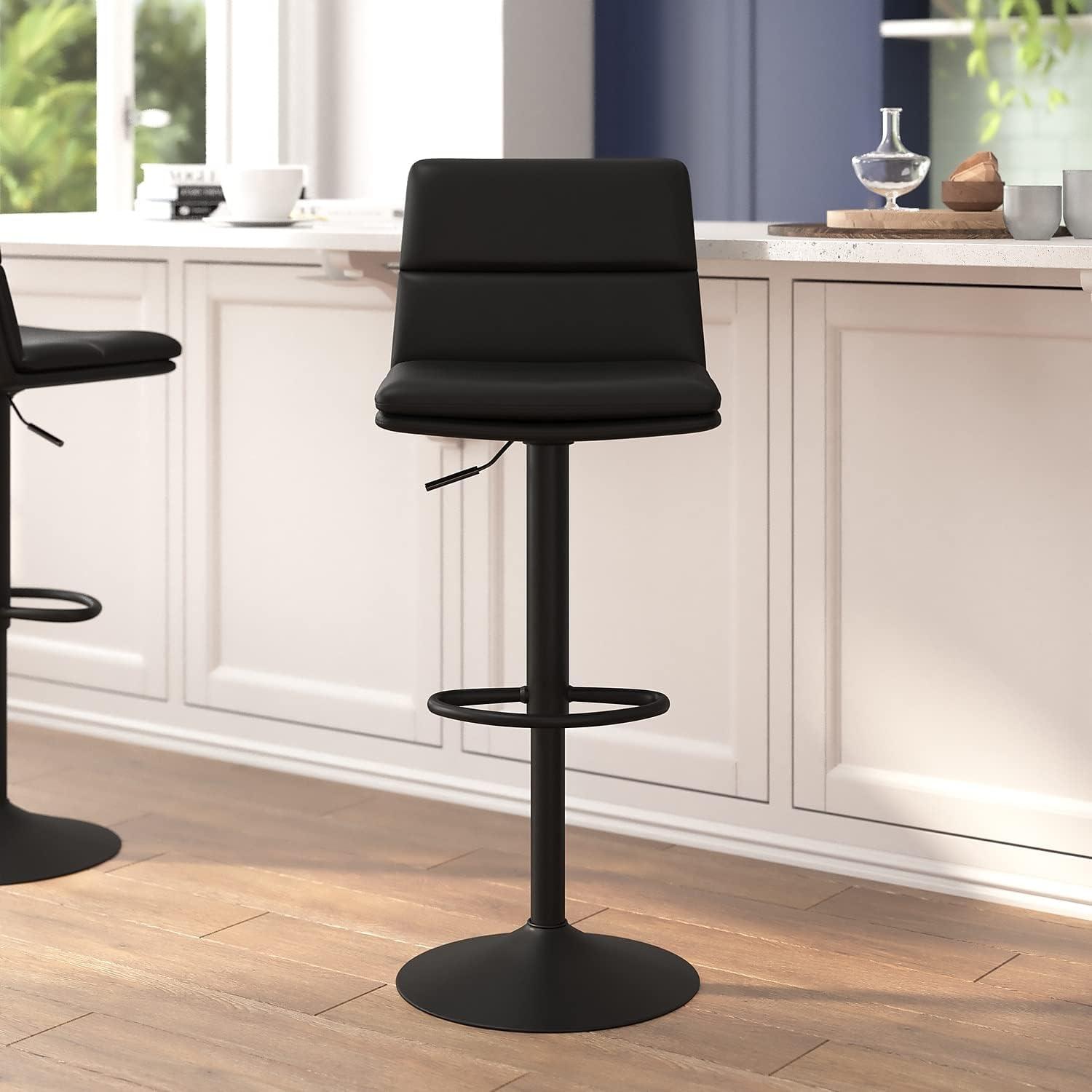 image:imageFlash Furniture Hughes Set of 2 Modern Commercial Grade Barstools Black LeatherSoft Upholstery Adjusts from Counter to Bar Height MidBack Channel StitchingBlackBlack