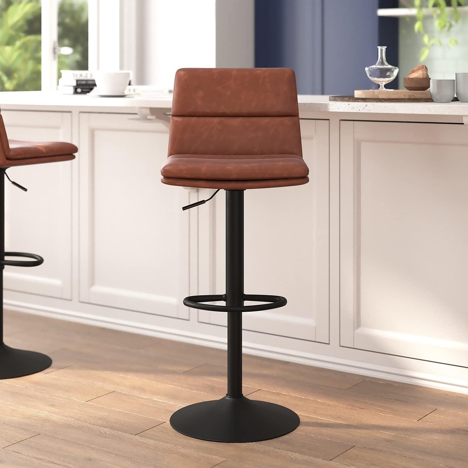 image:imageFlash Furniture Hughes Set of 2 Modern Commercial Grade Barstools Black LeatherSoft Upholstery Adjusts from Counter to Bar Height MidBack Channel StitchingCognacBlack