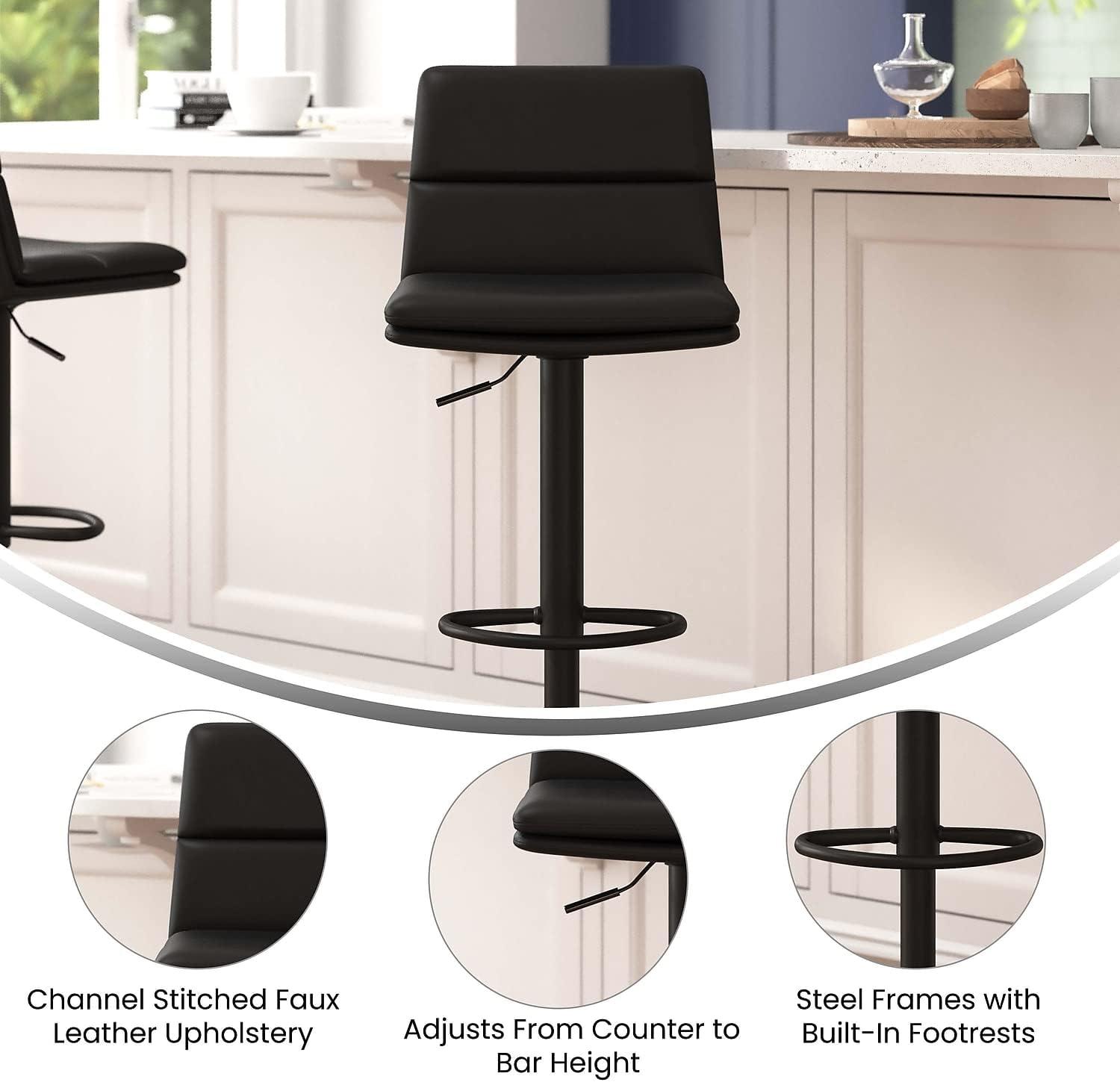 image:imageFlash Furniture Hughes Set of 2 Modern Commercial Grade Barstools Black LeatherSoft Upholstery Adjusts from Counter to Bar Height MidBack Channel StitchingBlackBlack
