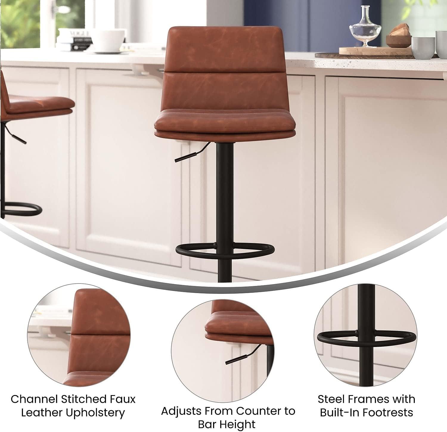 image:imageFlash Furniture Hughes Set of 2 Modern Commercial Grade Barstools Black LeatherSoft Upholstery Adjusts from Counter to Bar Height MidBack Channel StitchingCognacBlack
