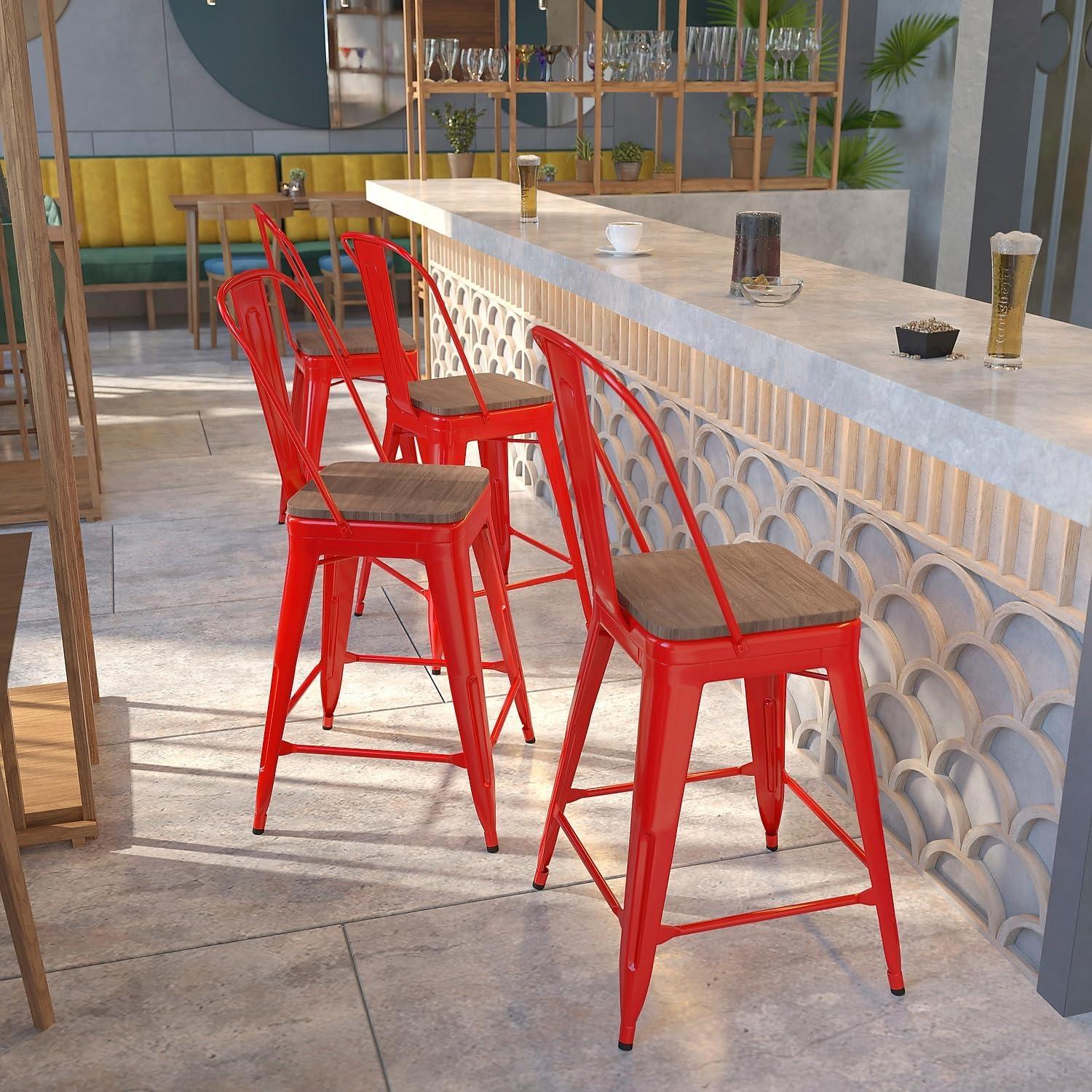 image:imageFlash Furniture Lily 24 High Red Metal Counter Height Stool with Back and Wood Seat Pack of 1Red