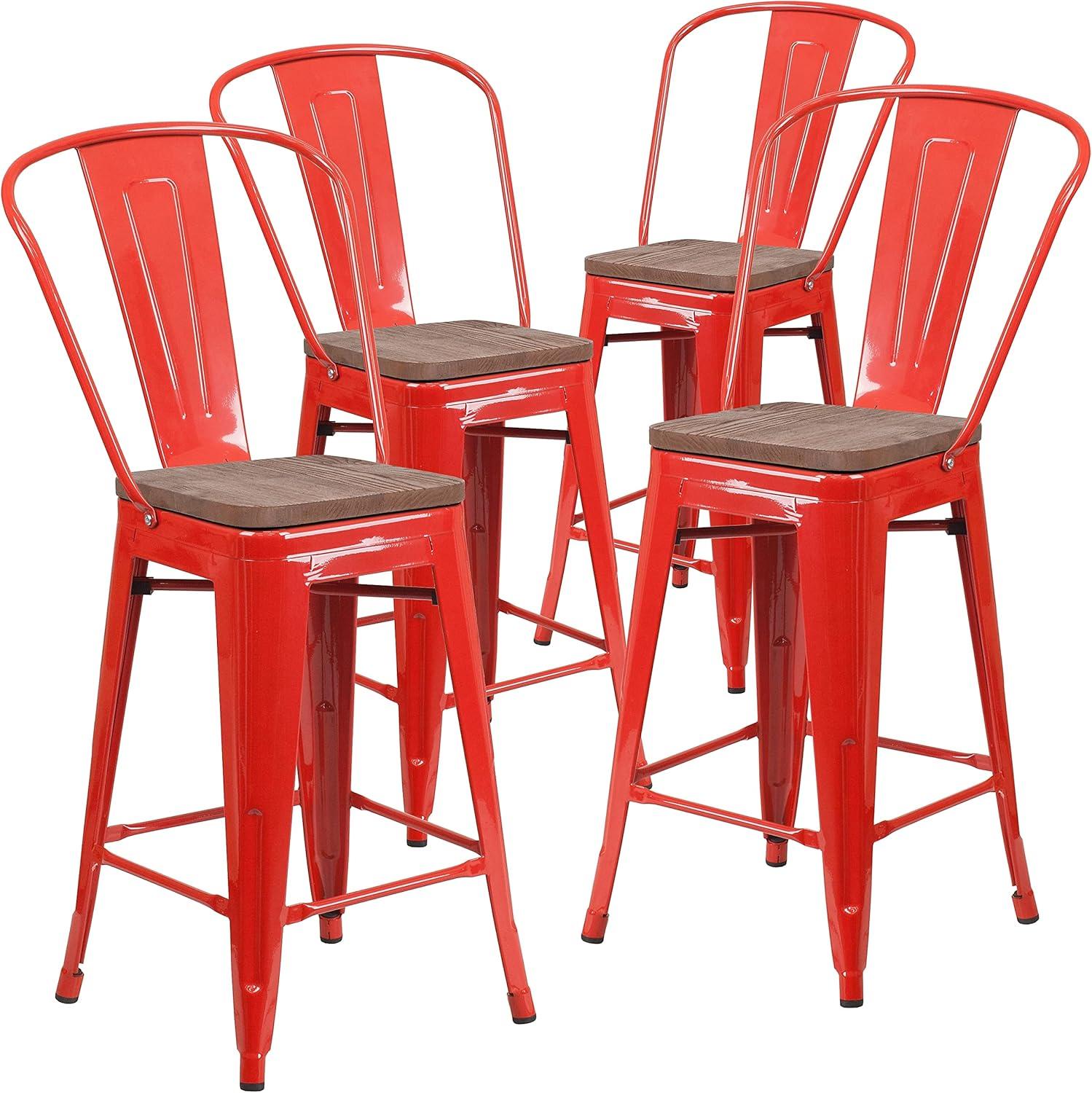 image:imageFlash Furniture Lily 24 High Red Metal Counter Height Stool with Back and Wood Seat Pack of 1Red