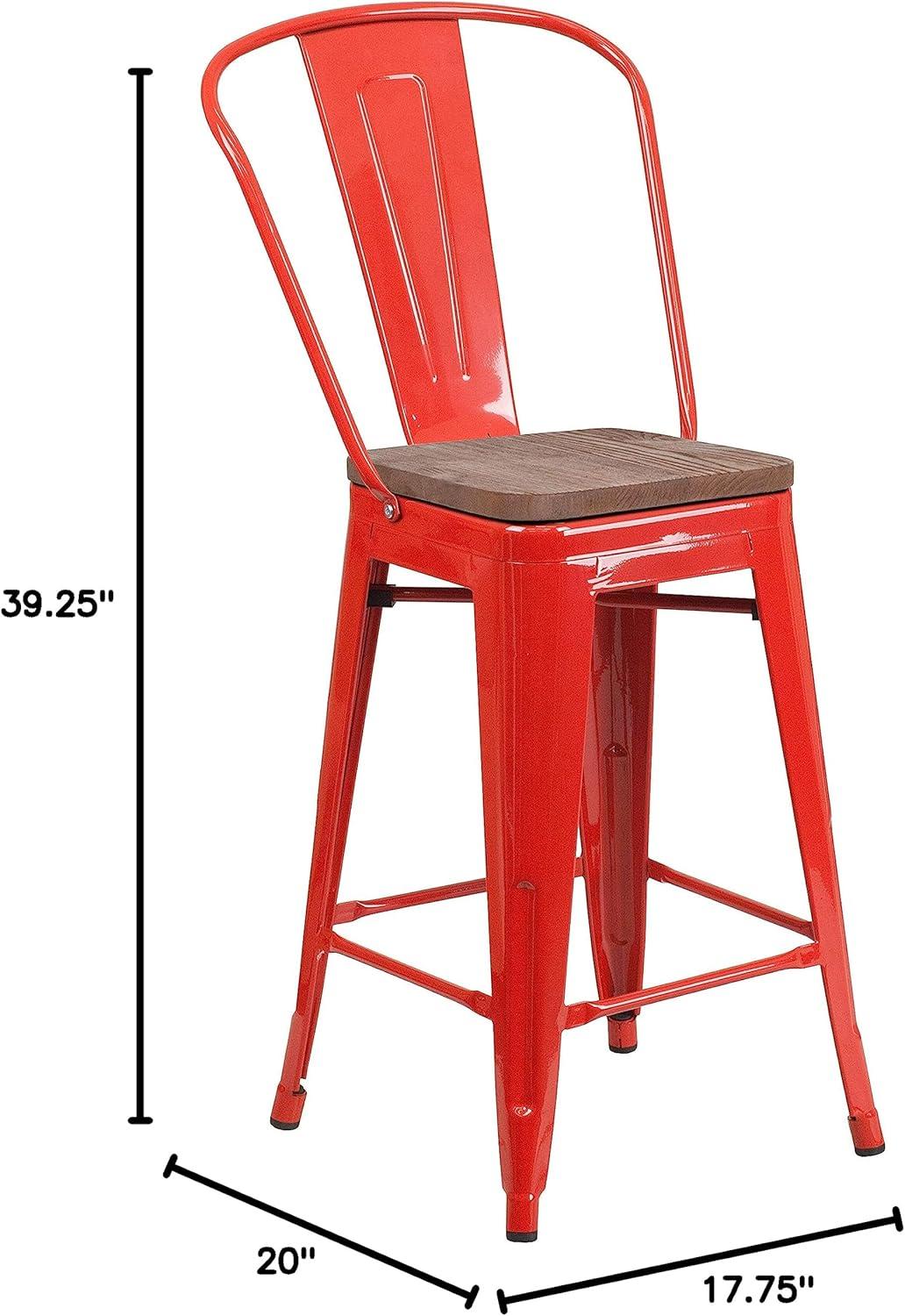 image:imageFlash Furniture Lily 24 High Red Metal Counter Height Stool with Back and Wood Seat Pack of 1Red