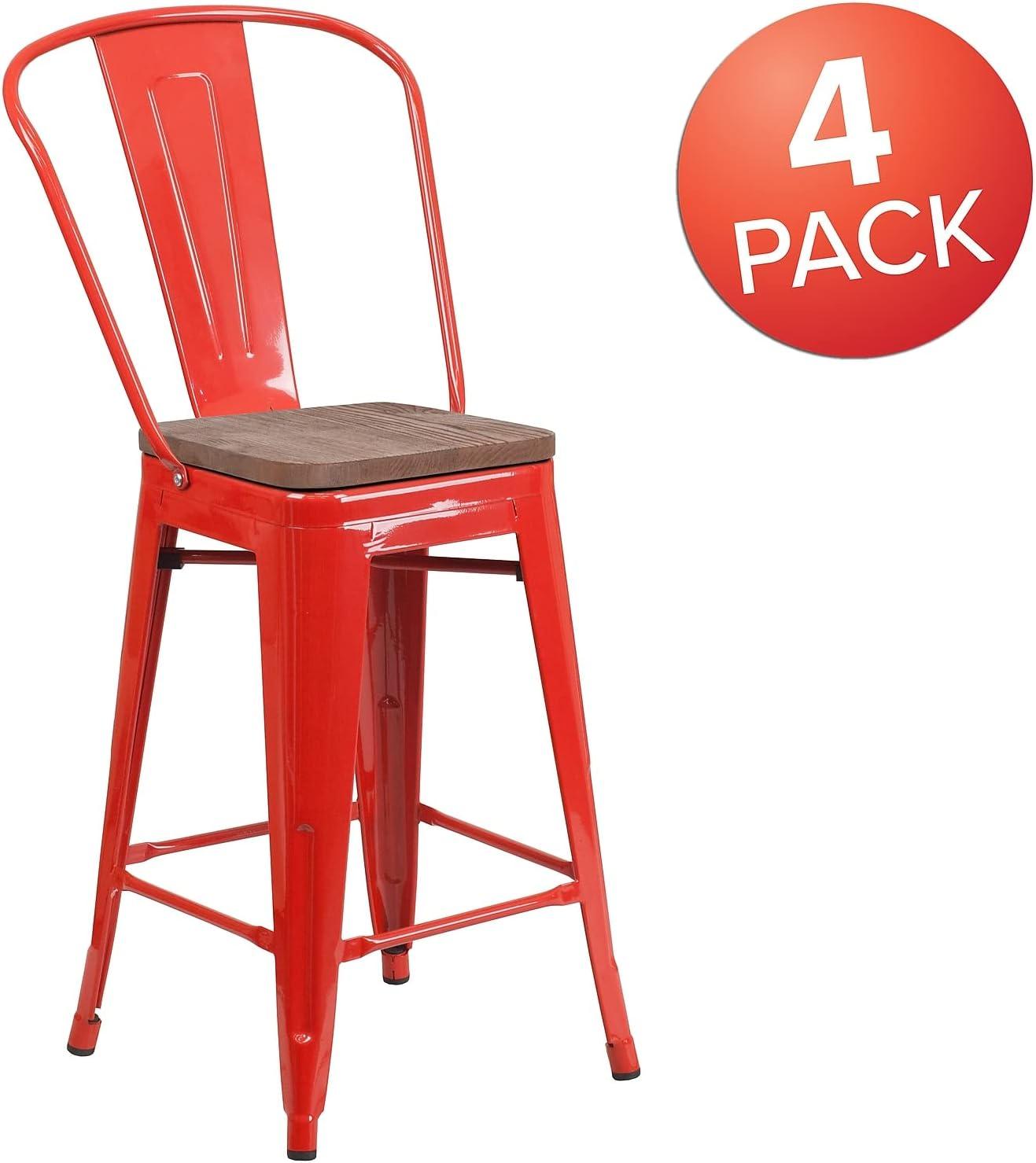 image:imageFlash Furniture Lily 24 High Red Metal Counter Height Stool with Back and Wood Seat Pack of 1Red