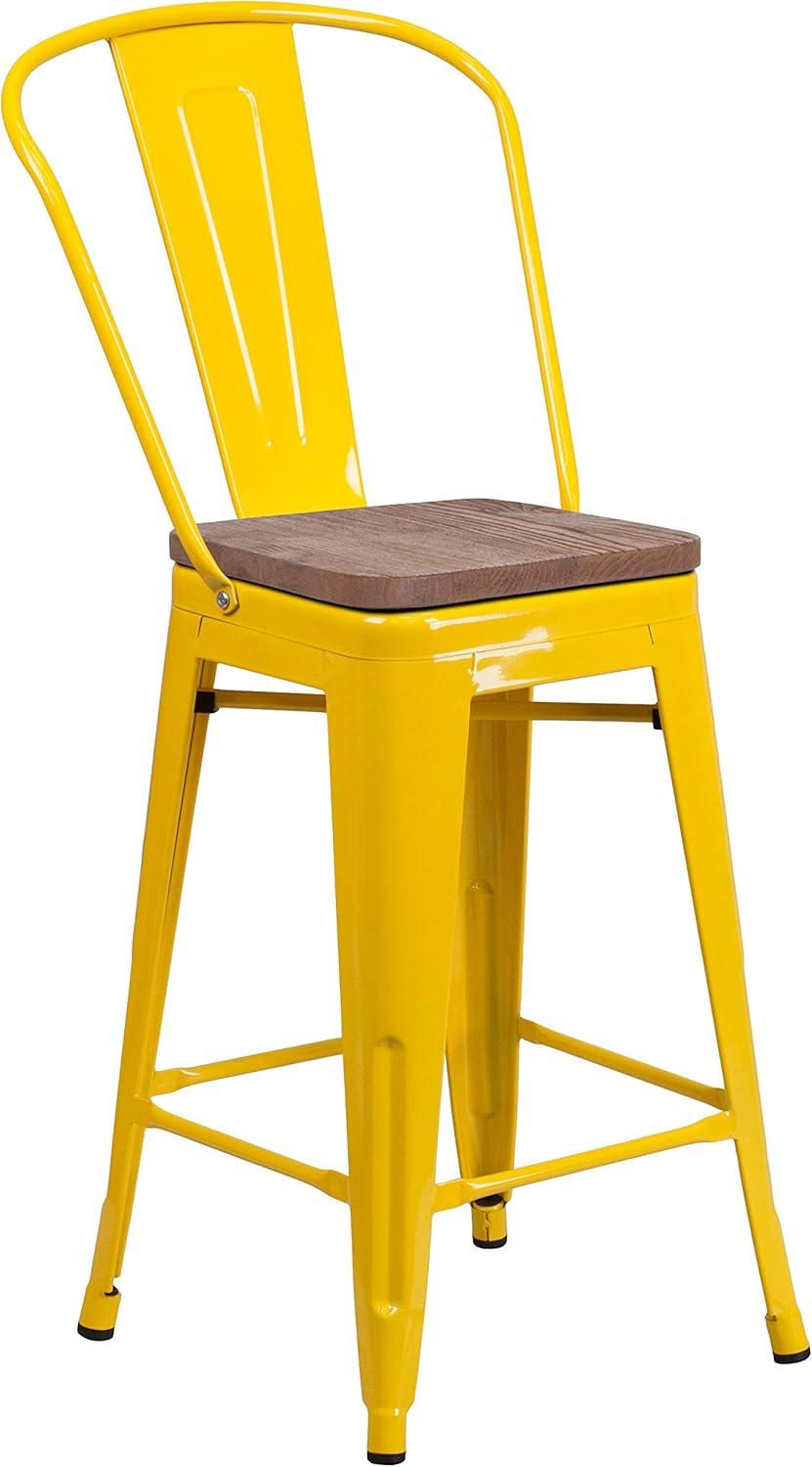 image:imageFlash Furniture Lily 24 High Red Metal Counter Height Stool with Back and Wood Seat Pack of 1Yellow