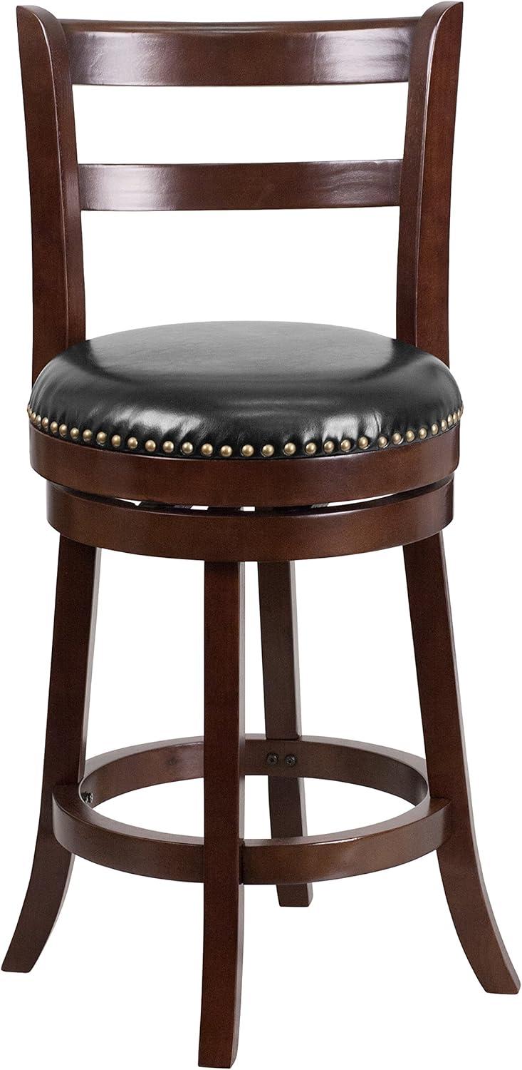 image:imageFlash Furniture Ronnie 26 High Cappuccino Wood Counter Height Stool with Single Slat Ladder Back and Black LeatherSoft Swivel Seat