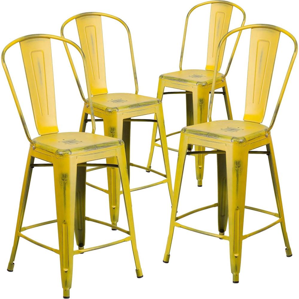 image:imageFlash Furniture Blake Commercial Grade 4 Pack 24 High Distressed Yellow Metal IndoorOutdoor Counter Height Stool with Back