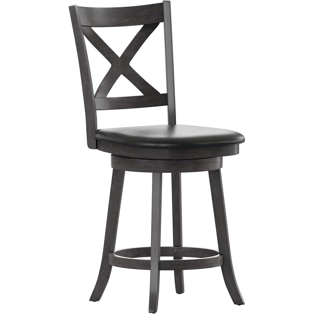 image:imageFlash Furniture Felicity Commercial Classic Crossback Barstool  Antique Oak Wood Frame  Black LeatherSoft Seat  Counter Height  360 Swivel Seat  FootrestBlack VinylGray Wash Walnut Frame
