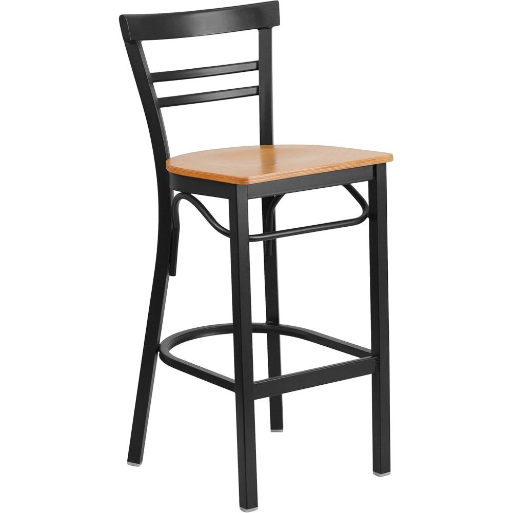 image:imageFlash Furniture HERCULES Series Black TwoSlat Ladder Back Metal Restaurant Barstool  Black Vinyl SeatNatural Wood SeatBlack Metal Frame