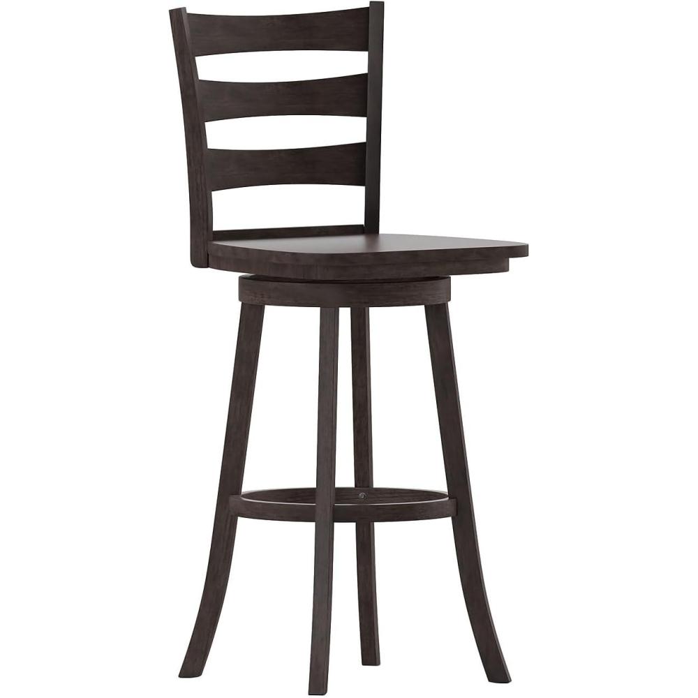 image:imageFlash Furniture Liesel Commercial Grade Classic Ladderback Barstool Gray Wash Walnut Solid Wood Frame Bar Height 360 Swivel Seat Integrated FootrestGray Wash Walnut