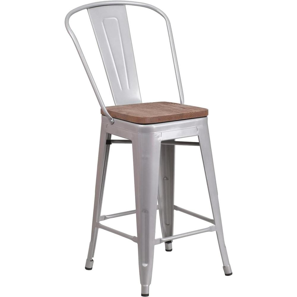 image:imageFlash Furniture Lily 24 High Red Metal Counter Height Stool with Back and Wood Seat Pack of 1Silver