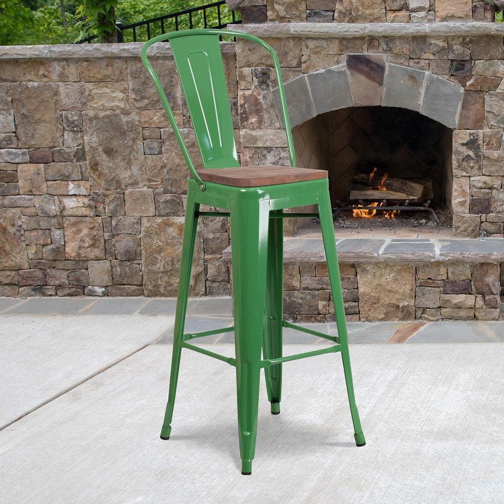 image:imageFlash Furniture Lily 30 High Green Metal Barstool with Back and Wood Seat