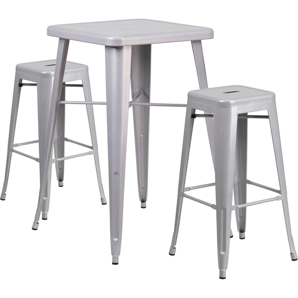 image:imageFlash Furniture Stone Commercial Grade 2375 Square Yellow Metal IndoorOutdoor Bar Table Set with 2 Square Seat Backless StoolsSilver