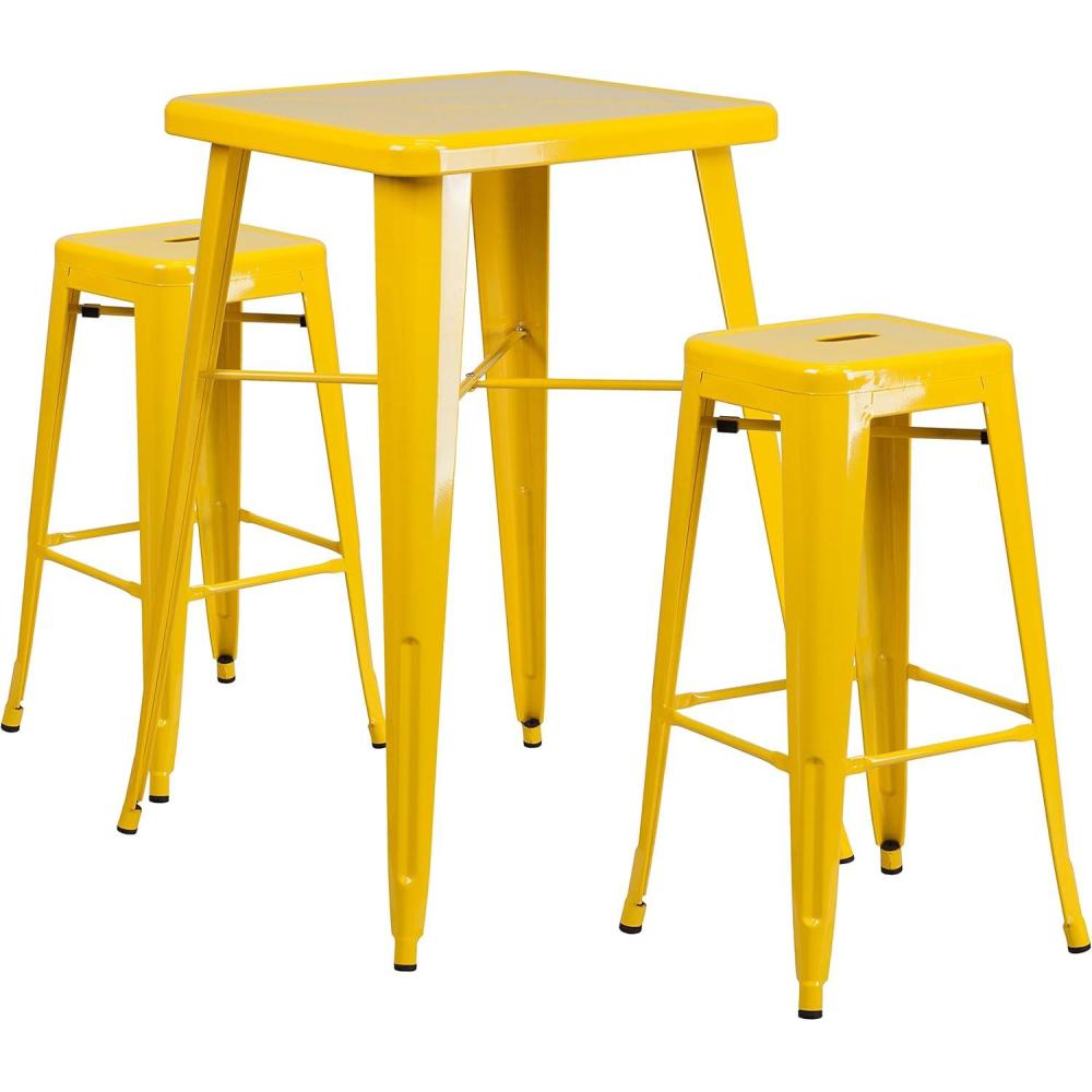 image:imageFlash Furniture Stone Commercial Grade 2375 Square Yellow Metal IndoorOutdoor Bar Table Set with 2 Square Seat Backless StoolsYellow