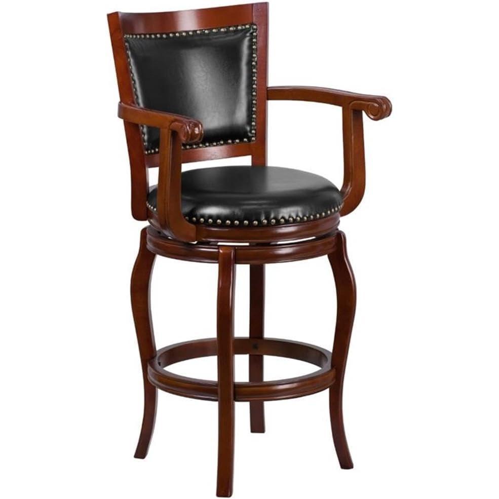 image:imageFlash Furniture Vestina 30 LeatherSoft Barstool with Footrest and Arms Classic Ladder Back Upholstered Bar Height Stool Cherry WoodBlack