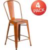 Flash Furniture Blake Commercial Grade 4 Pack 24″ High Distressed Orange Metal Indoor-Outdoor Counter Height Stool with Back