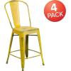 Flash Furniture Blake Commercial Grade 4 Pack 24″ High Distressed Yellow Metal Indoor-Outdoor Counter Height Stool with Back
