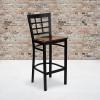 Flash Furniture HERCULES Series Black Window Back Metal Restaurant Barstool – Burgundy Vinyl Seat(Mahogany Wood Seat/Black Metal Frame)