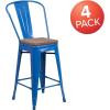 Flash Furniture Lily 24″ High Red Metal Counter Height Stool with Back and Wood Seat (Pack of 1)(Blue)