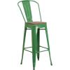 Flash Furniture Lily 30″ High Green Metal Barstool with Back and Wood Seat