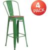 Flash Furniture Lily 30″ High Red Metal Barstool with Back and Wood Seat (Pack of 1)(Green)