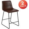 Flash Furniture Reagan 24″ LeatherSoft Counter Height Stools with Footrest, Mid-Century Modern Bucket Style Dining Chairs, Set of 2, Dark Brown
