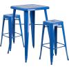Flash Furniture Stone Commercial Grade 23.75″ Square Yellow Metal Indoor-Outdoor Bar Table Set with 2 Square Seat Backless Stools(Blue)