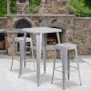 Flash Furniture Stone Commercial Grade 23.75″ Square Yellow Metal Indoor-Outdoor Bar Table Set with 2 Square Seat Backless Stools(Silver)