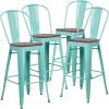 Flash Furniture 30″ High Mint Green Metal Barstool with Back and Wood Seat(4)