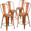 Flash Furniture Blake Commercial Grade 4 Pack 24″ High Distressed Orange Metal Indoor-Outdoor Counter Height Stool with Back
