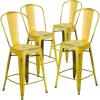 Flash Furniture Blake Commercial Grade 4 Pack 24″ High Distressed Yellow Metal Indoor-Outdoor Counter Height Stool with Back