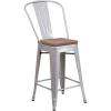 Flash Furniture Lily 24″ High Red Metal Counter Height Stool with Back and Wood Seat (Pack of 1)(Silver)