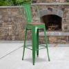 Flash Furniture Lily 30″ High Green Metal Barstool with Back and Wood Seat