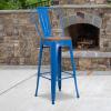 Flash Furniture Lily 30″ High Red Metal Barstool with Back and Wood Seat (Pack of 1)(Blue)