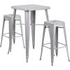 Flash Furniture Stone Commercial Grade 23.75″ Square Yellow Metal Indoor-Outdoor Bar Table Set with 2 Square Seat Backless Stools(Silver)