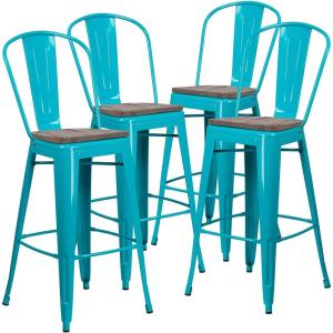 Flash Furniture 30″ High Crystal Teal-Blue Metal Barstool with Back and Wood Seat(4)