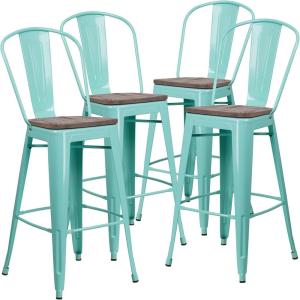 Flash Furniture 30″ High Mint Green Metal Barstool with Back and Wood Seat(4)
