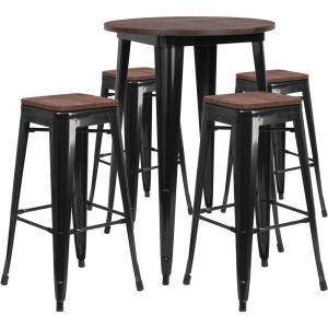 Flash Furniture 30″ Round Metal Bar Table Set with Wood Top and 4 Backless Stools, Black