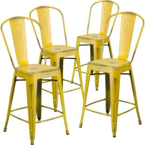 Flash Furniture Blake Commercial Grade 4 Pack 24″ High Distressed Yellow Metal Indoor-Outdoor Counter Height Stool with Back