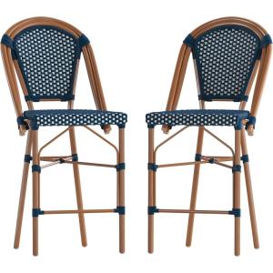 Flash Furniture Bordeaux Commercial Grade Bistro Counter Height Stool, Stackable Indoor/Outdoor Dining Stool, 26″ High, Set of 2, Navy/White and Natural Finish(Navy & White/Natural Frame)