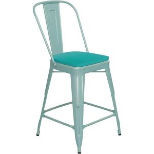 Flash Furniture Carly Commercial Grade 30″ High Black Metal Indoor-Outdoor Bar Height Stool with Back and Black Polystyrene Seat(Mint Green Seat/Mint Green Frame)