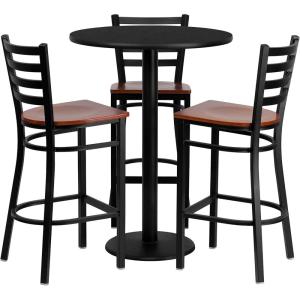 Flash Furniture Clark 30” Round Black Laminate Table Set with 3 Ladder Back Metal Barstools – Cherry Wood Seat