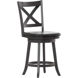 Flash Furniture Felicity Commercial Classic Crossback Barstool – Antique Oak Wood Frame – Black LeatherSoft Seat – Counter Height – 360° Swivel Seat – Footrest(Black Vinyl/Gray Wash Walnut Frame)