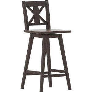 Flash Furniture Gwendolyn Commercial Grade Modern Farmhouse Barstool – Gray Wash Walnut Solid Wood Frame – Bar Height – 360° Swivel Seat – Integrated Footrest(Gray Wash Walnut)